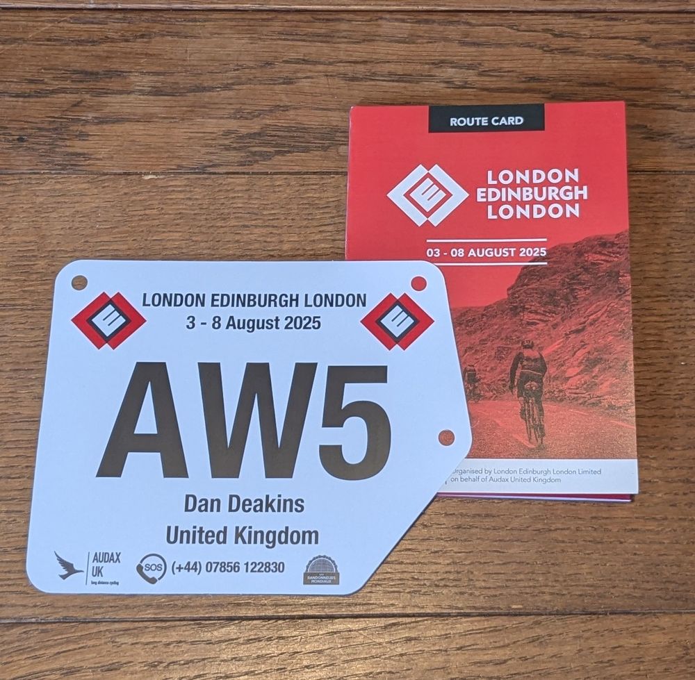 Rider number and brevet card for London Edinburgh London 2025 