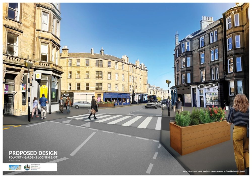 Polwarth Gardens looking east - artist's impression of the upgraded zebra crossing which is wider and located closer to the junction. Pavements are widened and there are planters and the edge of a designated loading bay.