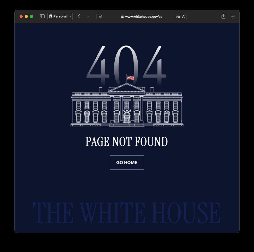 Screenshot of the white house website, showing an error page for the spanish section, with a 'go home' button