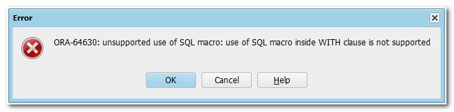Screenshot of errormessage telling me I can't use SQL macros in a with clause