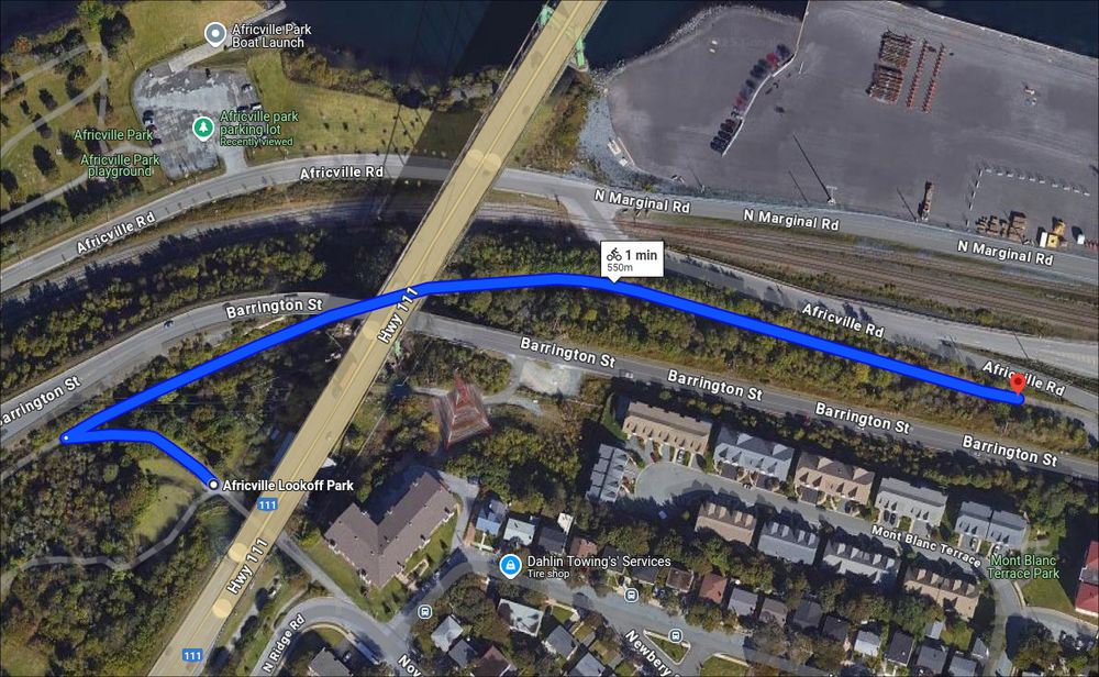 Map of a bike route from Africville Lookoff Park to Africville Rd.