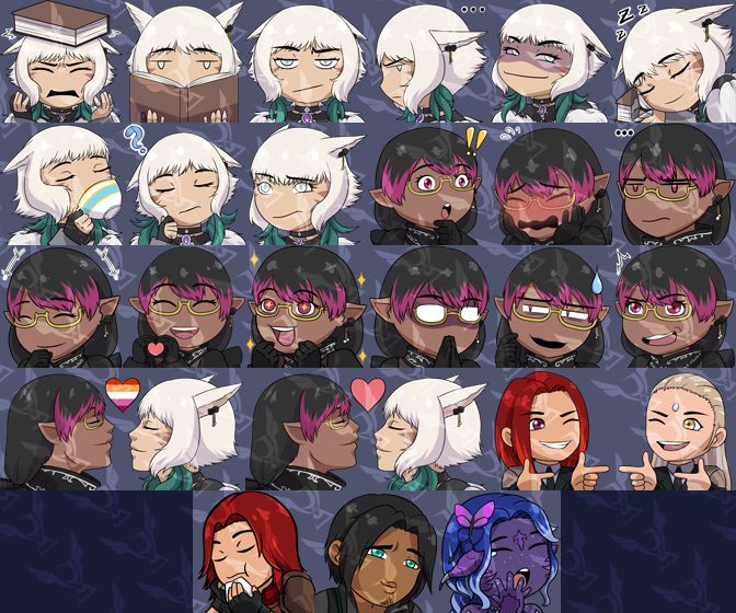 twenty six emotes for twitch or discord made by the poster. the first nine are of y'shtola rhul from final fantasy 14. the next nine are of an elezen woman. the four after that are couple emotes where the elezen and y'shtola are facing each other with a heart between them; one of them has the heart in the colors of the lesbian flag. the next two after that are another paired set of emotes of two characters pointing finger guns at one another. after that is a red haired hyur woman eating a riceball. the next one is a hyur man doing the smolder from disney's tangled. the last one is an au ra woman yawning.