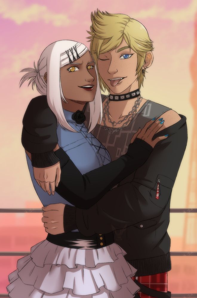 an illustration of the poster's character with prompto from final fantasy 15. prompto is dressed in his dissidia duellum outfit, indicating that this seems to take place in that setting rather than on eos like the canon of final fantasy 15.