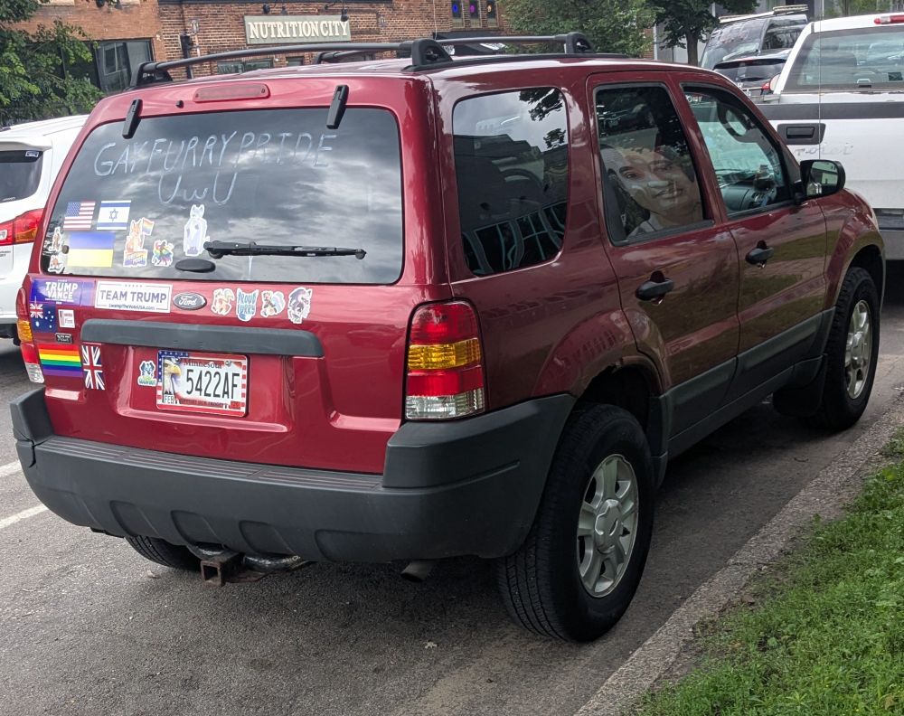 A small SUV, in red, with pro-Trump bumper stickers, an Israel flag, American flag and Ukrainian flag stickers. It reads, "Gay Furry Pride" on the rear window.