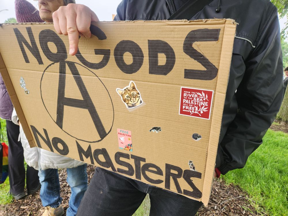 A person holding a cardboard sight that reads, "NO Gods, No Masters." With the "Circle A" anarchy symbol the center.  There are a few stickers on the sign, a few of cats, one of flowers and a couple that say "Free Palestine."  The person holding the sign is giving the middle finger with the hand holding the sign from the top. 