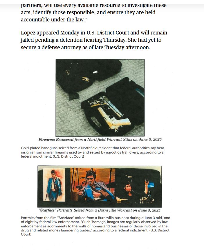 Screengrab of a Minneapolis Startribune web story. There are grainy images of handguns in gun cases and posters from the Al Pacino movie "Scarface."