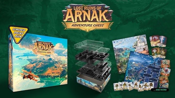 Boite du jeu de société les Ruines Perdues de Narak avec des plateaux de jeu et tuiles visibles.