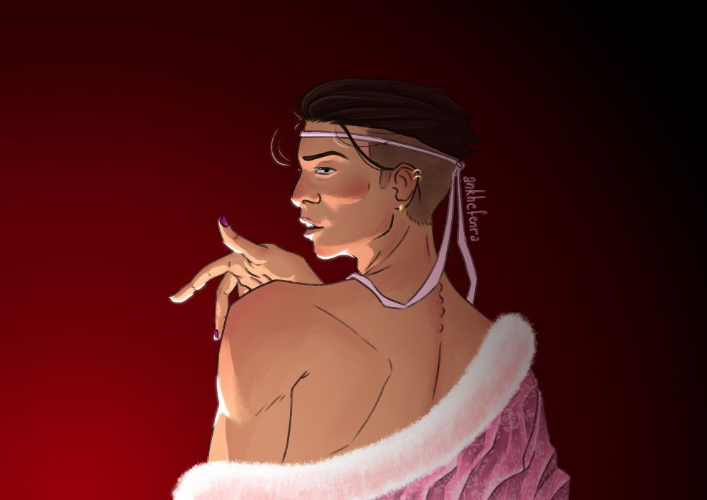 Bust of a Japanese man looking over his shoulder suggestively, wearing a pink robe with a fur collar and a headband. The robe is off his left shoulder. Dramatic lighting from bottom left corner.