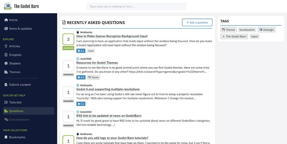 Screenshot from the "Questions" section of thegodotbarn.com