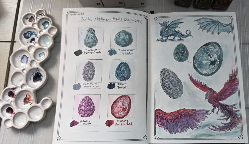 Dominant Industry Ink Archiving Book, A Log of Elixir, open to a page featuring dragons, phoenixes, and ornate eggs painted with fountain pen inks in blues, greens, red, pink, and purple. 

Troublemaker inks:
Sinulog Black
Petrichor
Moon River

Diamine inks:
Twilight
Merlot
Monaco Red