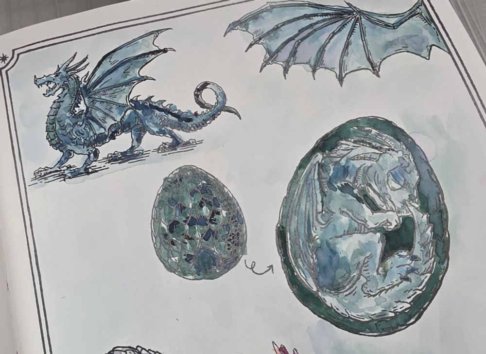 Close up of dragon with 4 legs, wings, a long tail, and open mouth, an outstretched dragon wing, an ornate egg, and a view of a baby dragon curled up in an egg painted in blues, greens, and grays in the Dominant Industry Ink Archiving Book, A Log of Elixir.