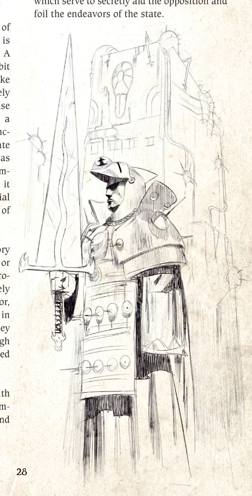 Sketch of a heavy armored Sviterian human, grim of look, who bears the weight of an enourmous sword, broad of blade and tapering to a fine point; in front of a parasitoid skyscraper.