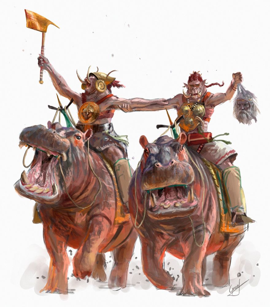 Two Carverine (orc-like humanoids), a male and a female, ride alongside eachother, on top of war hippos. They hold each other's arms. With the other hand, the female orc displays a freshly decapitated head - the enemy king. While the male lifts his axe up in prideful show. Both orcs have red hair and pinkish-gray skin, similar to the hippos they ride upon. The carverine have long, elephant like tusks, and wear minimal bronze armor.