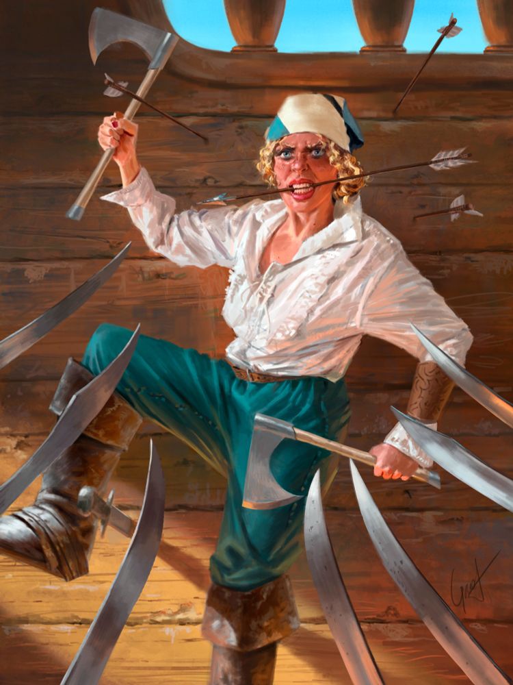 A female human pirate. Short blonde hair, blue eyes, dark makeup. Skin fried pink and red: a sailor's life. She's visibly MAD. Biting at an arrow by the shaft. The wall behind her is pierced by various other arrows, barely missing her. She wields two handaxes and they're ready to go. Around her, we see half a dozen scimitars, wielded by others off-camera. It's anyone's battle.