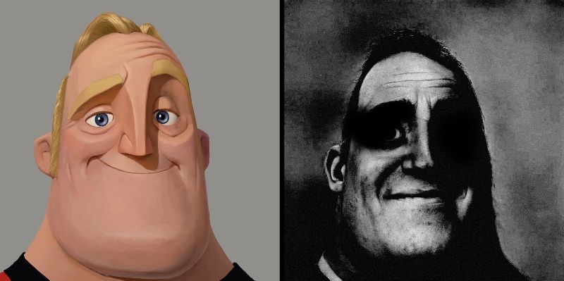 the mr incredible meme. on the left, an upstanding, confident looking man with a goodly grin. on the right, the same image, but compressedd, devoid of color, distorted and reduced to a hellish incarnation of itself - the smile is gone.