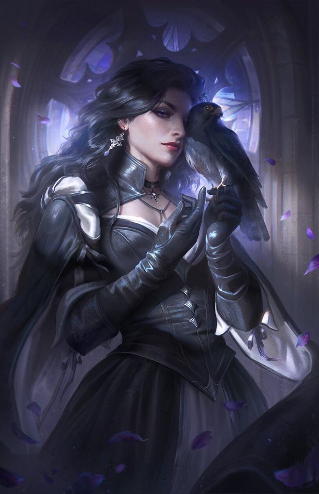 Cover art for the Witcher french edition of "Sword of Destiny" showing Yennefer and her black kestrel in front of a star shaped stained glass window. 