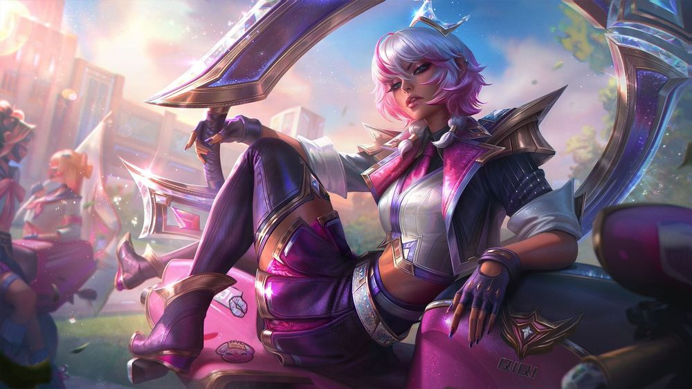 Splash art for LoL: Qiyana Prestige Battle Academia skin. Qiyana is sitting on her custom pink motorbike, hanging out with her gang in front of the school. 