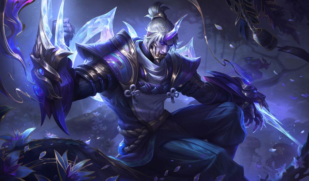 Splash art for the skin 3prestige Spirit Blossom Zed" for LoL. He is sitting high in a tree, watching over the sacred forest,  only lit by the glow of his blades. His clone his leaping on some trespassers in the background.  
