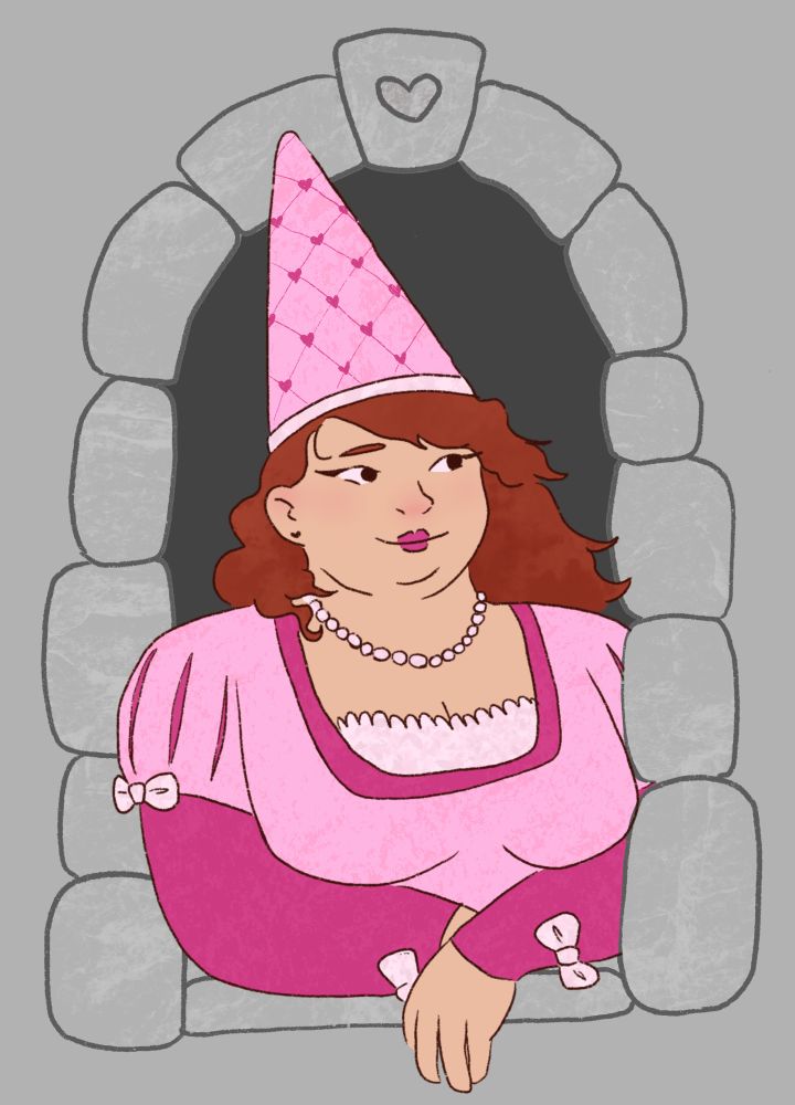 A digital drawing of a fat white women with wavy red hair looking out of a window framed with stone. She is wearing a pink princess dress and matching hennin (one of those cone-shaped princess hats). She is smiling and looking into the distance. 