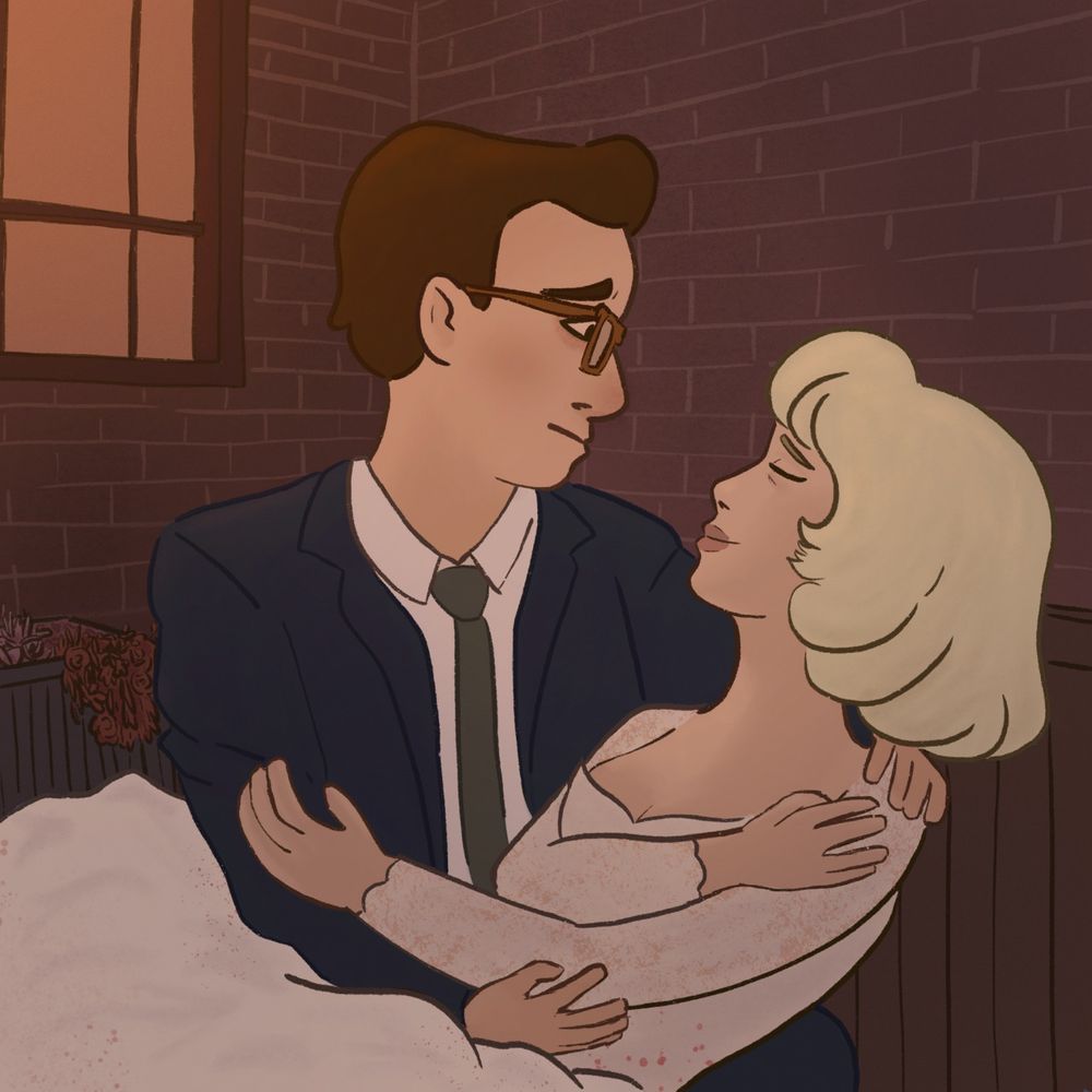 A digital drawing of Audrey and Seymour from little shop of horrors. They are both wearing their wedding outfits. Seymour is cradling Audrey. He looks concerned, she is smiling. 