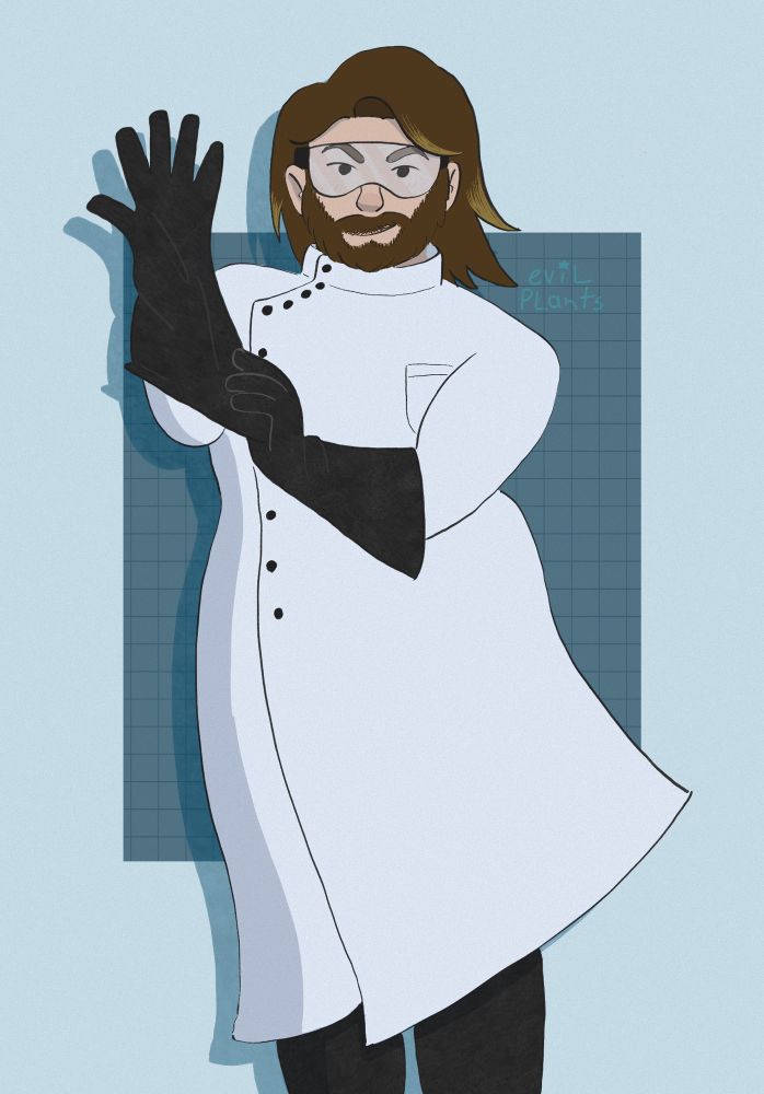 a digital drawing of a fat white human man wearing an asymmetric white lab coat, goggles, and black rubber gloves. He has shoulder length brown hair and a beard. The tips of the front pieces of his hair are bleached. He is pulling on one of his gloves and looking directly into the camera, smirking. 