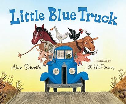 Book cover for a children's book titled "Little Blue Truck", with an illustration of a blue pickup truck with farm animals in the bed of the truck and a toad at the wheel.