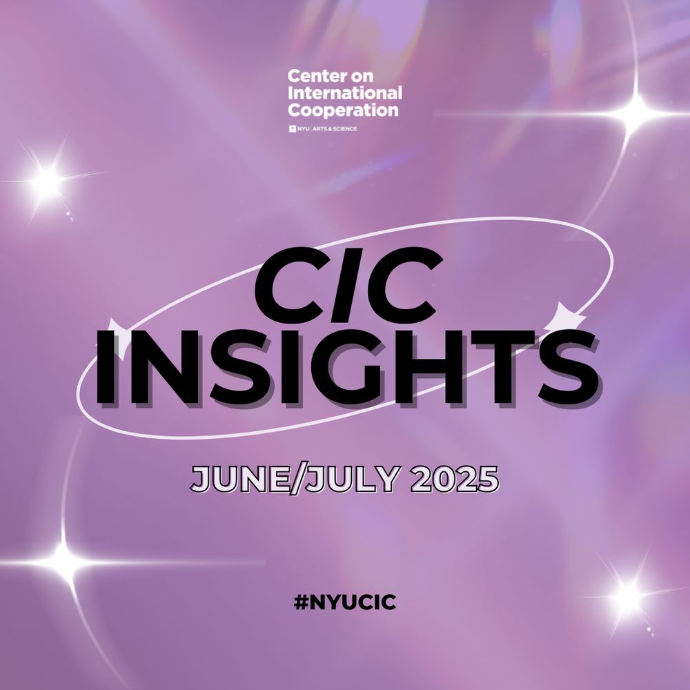 The background is a soft purple gradient with light effects, including star-like flares and orbital lines for a celestial theme. The text reads "CIC INSIGHTS" in bold black letters, followed by "June/July 2025" in smaller white letters. At the top is CIC's logo, and at the bottom, the hashtag "#NYUCIC" is displayed.