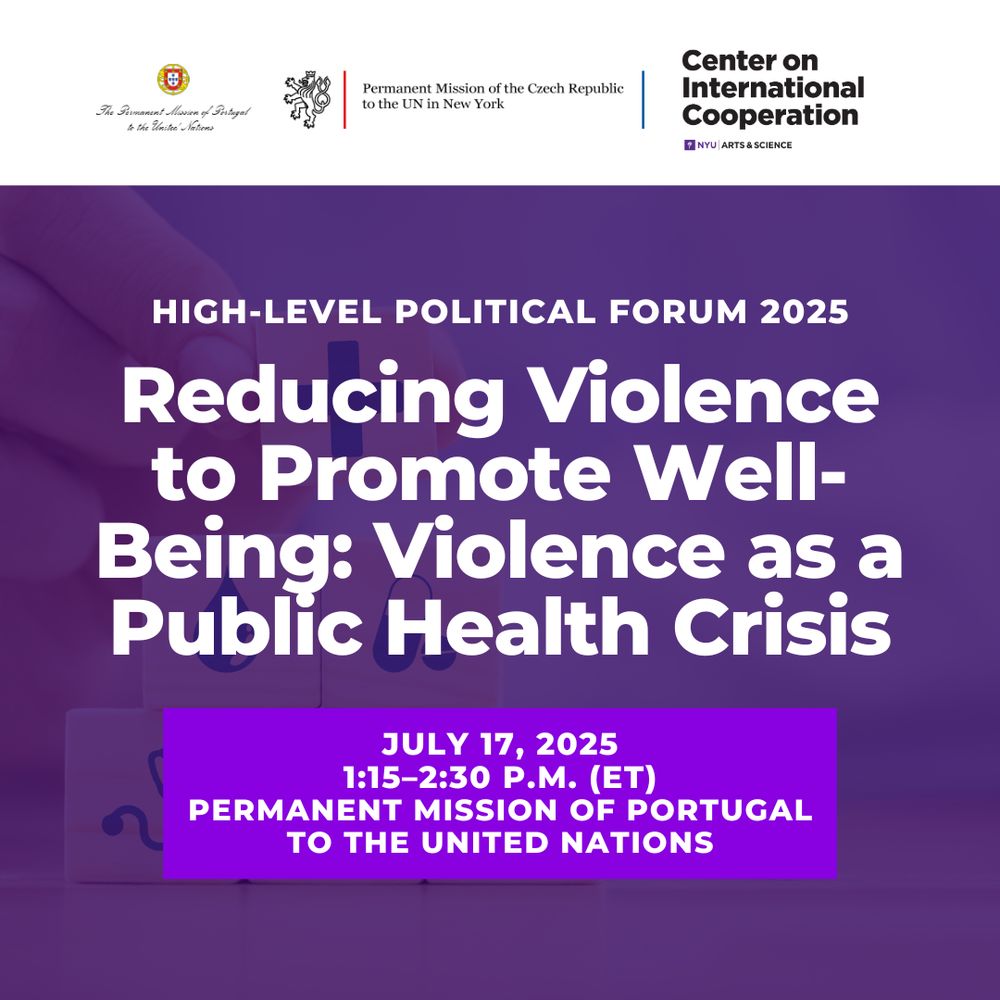Background photo of health icons on building blocks with purple tint. Logos of organizers on top. Text, "High-Level Political Forum 2025; Reducing Violence to Promote Well-Being: Violence as a Public Health Crisis; July 17, 2025, 1:15–2:30 p.m. (ET), Permanent Mission of Portugal to the United Nations."