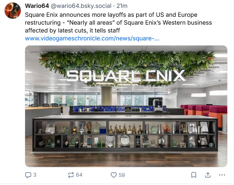 Screenshot of a news story about Square-Enix announcing more layoffs in their Western divisions