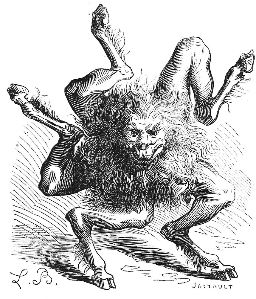 Black and white image of a Buer, a medieval Christian demon that consists of a lion's head with five goat legs attached all around it