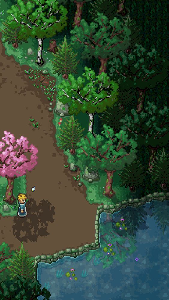 2D retro pixel art style top-down scene from an RPG. Set in a forest with a pond, numerous trees of various types, the main character, and a robot companion. Trees are reflected in the pond and there are small details such as weeds, stones, and mushrooms.