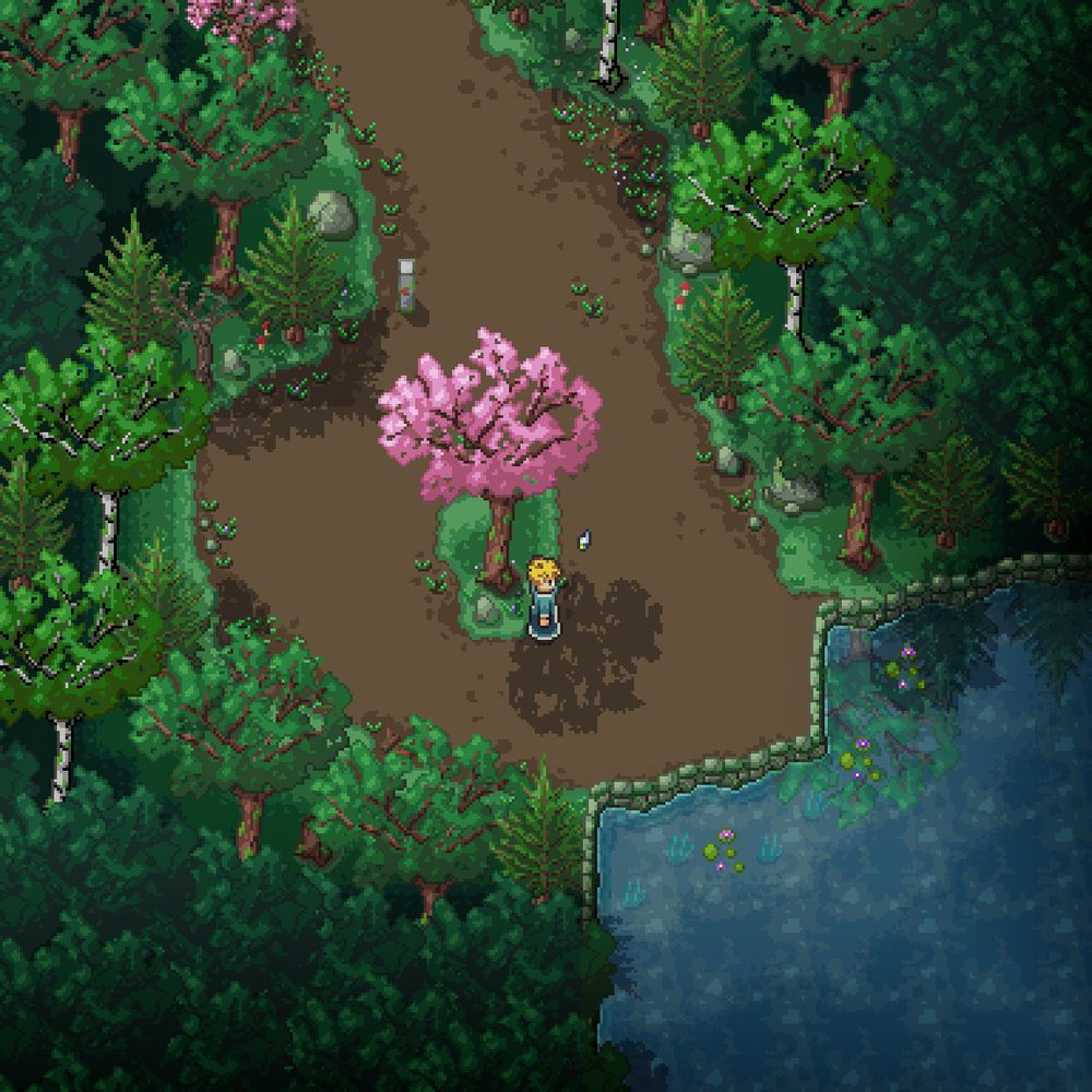 2D retro pixel art style top-down scene from an RPG. Set in a forest with a pond, numerous trees of various types, the main character, and a robot companion. Trees are reflected in the pond and there are small details such as weeds, stones, and mushrooms.