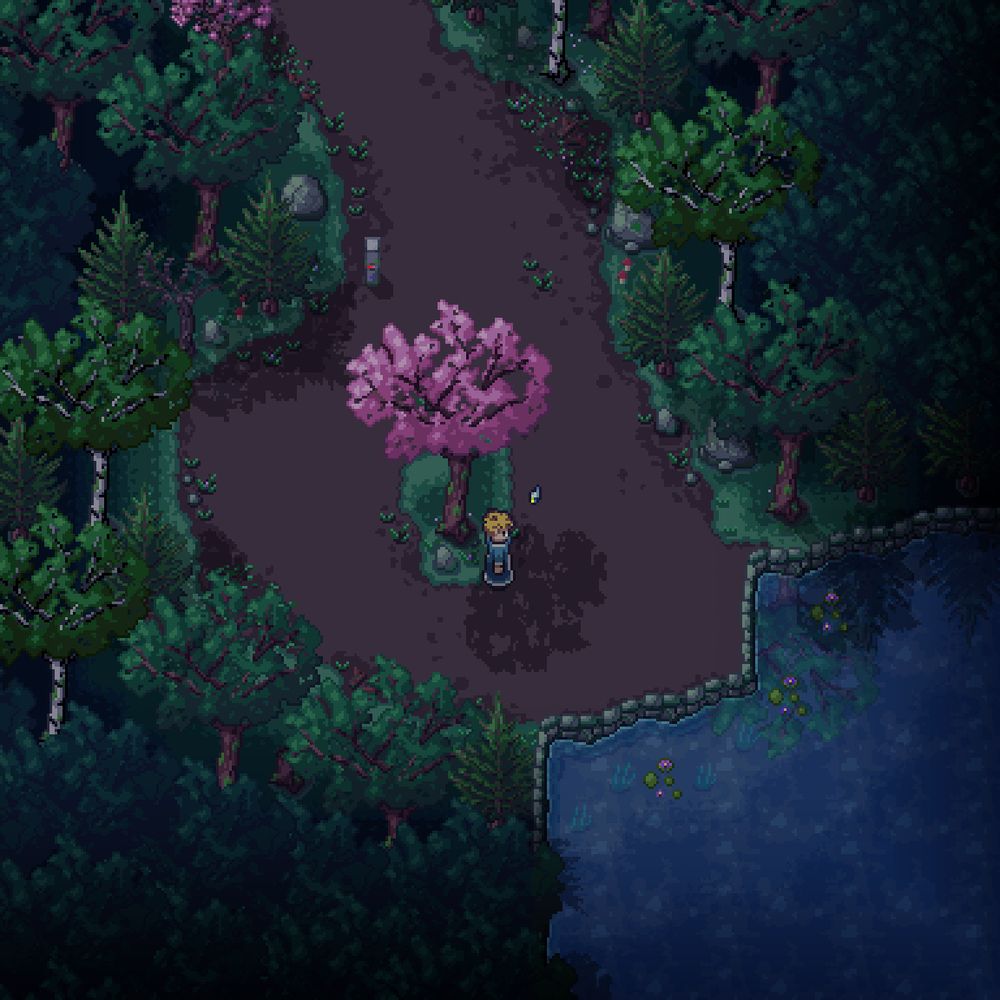 2D retro pixel art style top-down scene from an RPG. Set at night in a forest with a pond, numerous trees of various types, the main character, and a robot companion. Trees are reflected in the pond and there are small details such as weeds, stones, and mushrooms.