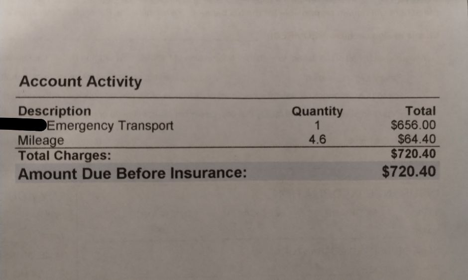 A bill for a 4.5 mile available ride that comes out to $720.40 without insurance. America is a scam and a racket lmao