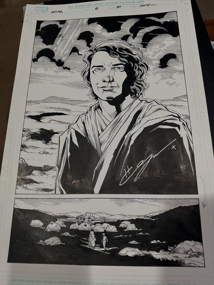 Black-and-white comic art page featuring Anakin Skywalker with dramatic clouds above, and a second panel showing a camp scene with figures and a starship in the distance. Page is signed by Hayden Christiansen. Art by Georges Jeanty from a Ahsoka comic.
