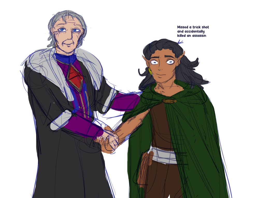 A simple redraw of the handshaking Meme from The Office. On the left is Emperor Uriel Septim VII roughly as he appears in Oblivion, and on the right is a shocked Wood elf with long black hair, a single earring, a green cloak, and leather armor.