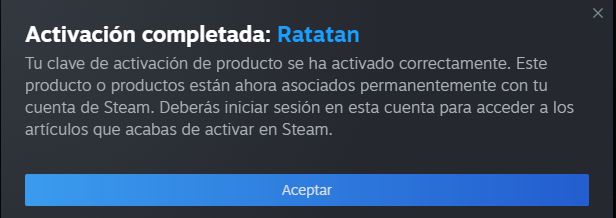 Captura de ventana de Steam, que informa que una clave del juego "Ratatan" ha sido canjeada