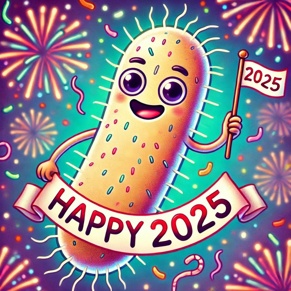 An AI-generated image of a cartoon stylized bacterium with a smiling face and arms, holding a flag with "2025" and a banner with "Happy 2025". Fireworks explode in the background.