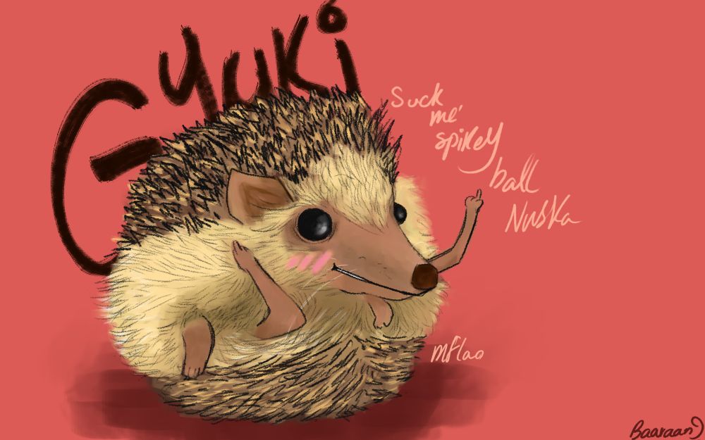 A digital painting of an African pygmy hedgehog curled up into a ball shape, with an excited smiling face and blushing cheeks, showing the middle fingers on both hands to its owner.