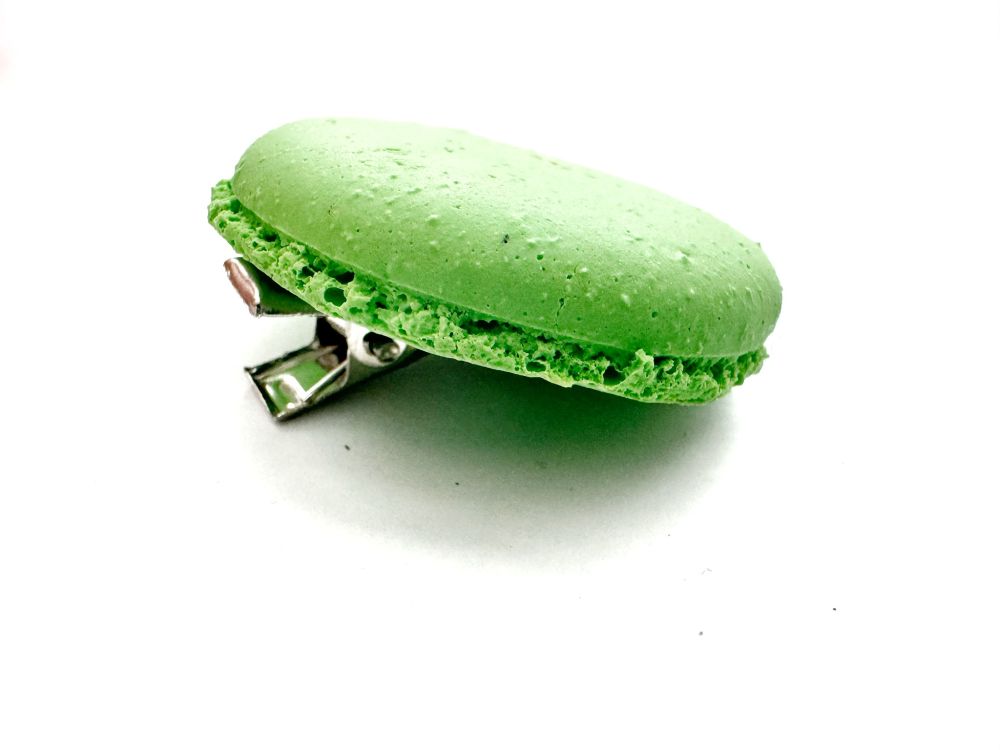 Hair clip that looks like half a pistachio macaron.