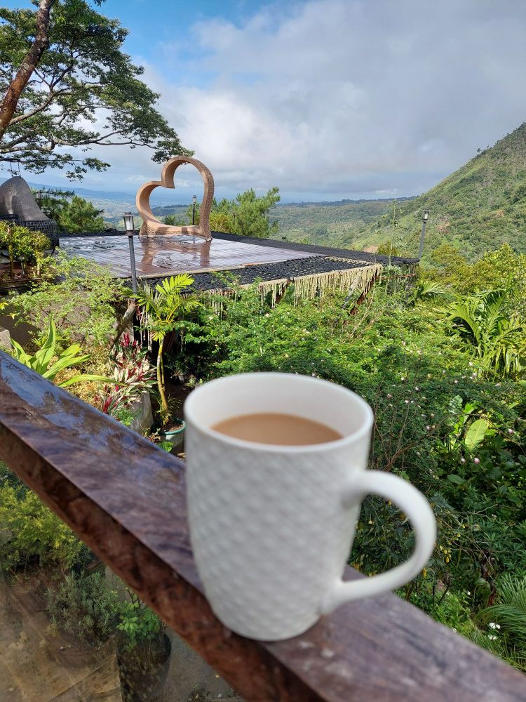 Amazing view of the jungle clad hills and distant city of Bacolod with a cup of coffee in the foreground 