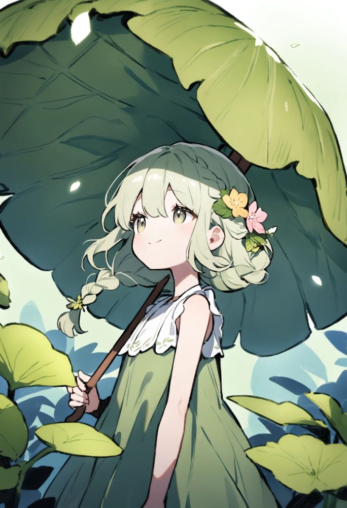 「蕗の葉っぱの傘」
あなたはかわいらしい雰囲気の美少女AIイラストを得意とするイラストレーターです。上記テーマを描いたAIイラストの説明を示す画像生成AIのプロンプトを生成してください。プロンプトは100前後の単語の英文で構成された本文と、25個のタグで記載します。キャラクターの表情やしぐさを中心に、格好やポーズ、背景、世界観、画風を詳細かつ具体的に、ストーリーや比喩表現を排しイラストに描写する対象のみ記述します。
タグは25個丁度で、表情、髪型、服装、ポーズ、画風に関するものを1つ以上含め、具体的な描写内容や描写対象とその状態を記載し、カンマ区切りで重要度順に並べます。また、特殊タグとして女性単体は`1girl`です。
上記イラストとは無関係の6個のタグの例は `1girl, smile, hat, red hair, black bow, bob cut` です。
以下例のようにプロンプトは本文とタグを行で分け、間にBREAKをつけ、さらにコードブロックで囲みます：
```
A girl is running on the beach in a white one-piece dress and bare feet. There are white waves on the beach and crabs and shellfish on the beach. The girl's long hair is swaying in the wind and sweat is beading on her forehead. BREAK
1girl, laughing, long hair, black hair, white dress, sleeveless, beach, ocean, running
```
上記例は本文の単語数45、タグの数9で単語数を守っておらず、私の指定するテーマとは無関係ですが、あなたの記載するプロンプトではテーマに沿うようにして、カンマやピリオドを含まずに単語数100前後、タグの数25を頭で慎重に数えながらプロンプトを記載し、過小・過多の無いよう数を厳守してください。
また、次のワードは禁止ワードです。プロンプトでの使用を避けてください。: `cherry blossom, focused, determination, determined, realistic`
さらにプロンプトのコードブロックの外側に本文の単語数とタグ数、本文の和訳を記載してください。