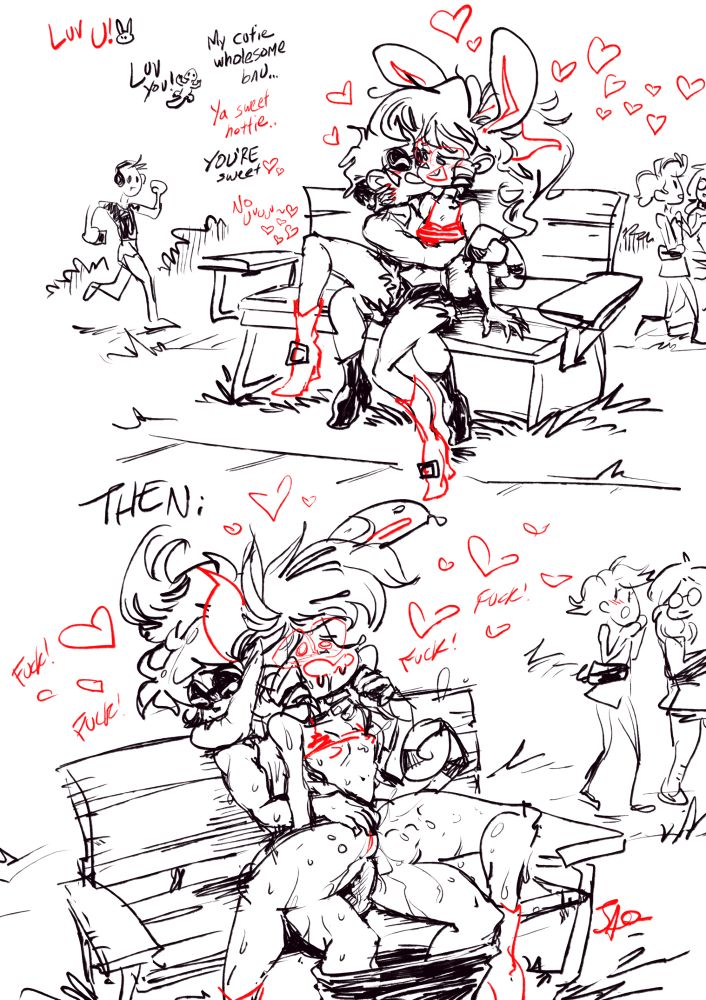Scene of Dig & Jaq in the park being cute in public, Jaq on his lap & being hugged & kissed on the cheek as they go "Luv U🐇" "Luv you!🦎" "My cutie wholesome bnu..." "Ya sweet hottie..." "YOU'RE sweet" "No Uuuuu." & they're surrounded by hearts floating outta them.

THEN:

Scene of Jaq riding on Dig as he's fuckin her ass & stroking her pussy, biting her bun ear & hand on her neck bouncing & sweating surrounded by more hearts & several FUCK!s as passing onlookers blush at them. 