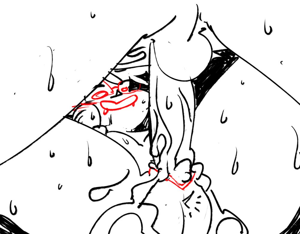 Jaq in the mating press, shot from behind where we seee she's getting a good look at the cock pumpin' cum into her. She is Happy & salivating.