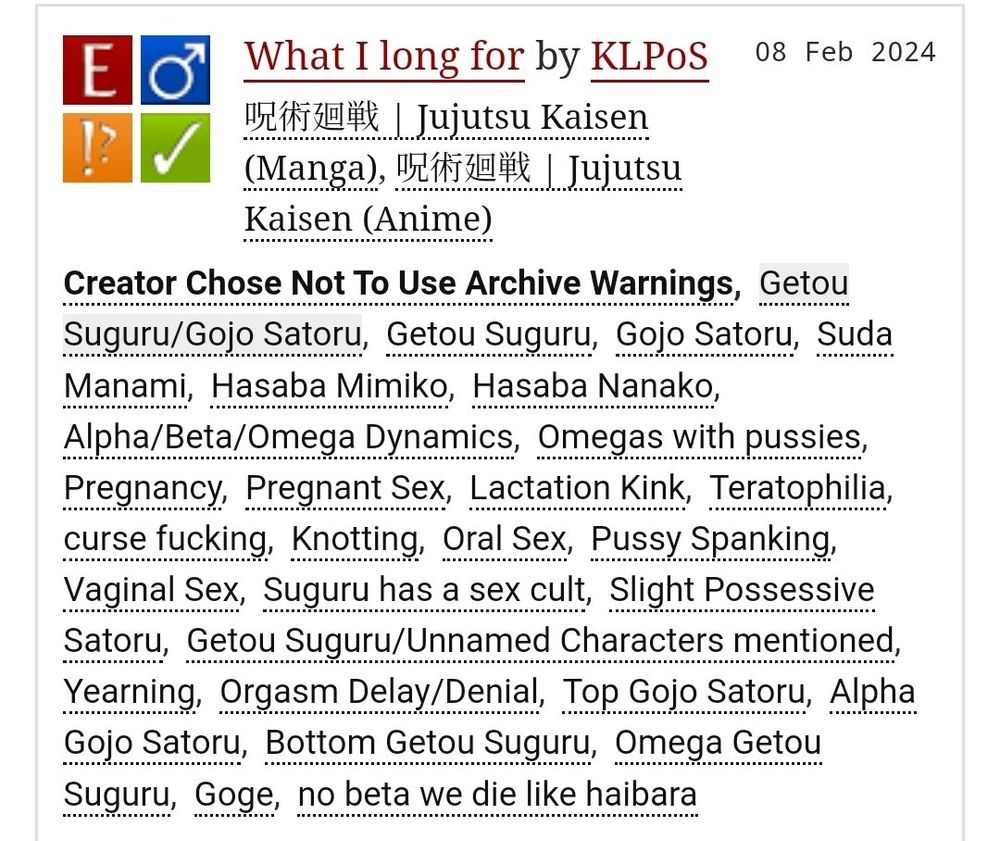 Tags: goge, omegaverse, omegas with pussies, teratophilia, curse fucking, lactation kink, mating cycles, omega suguru, alpha satoru
