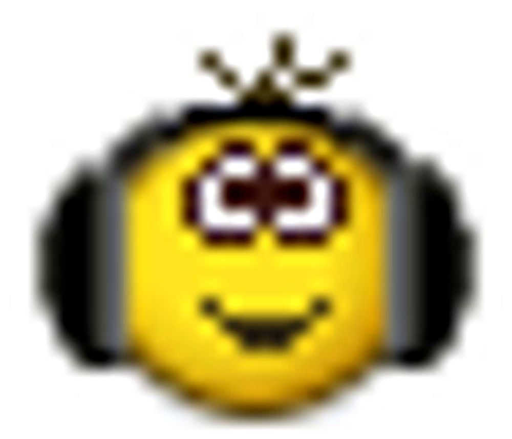 a pixel art of a smiley face wearing headphones and a crown .