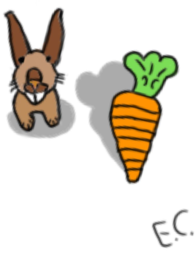 A drawing of a brown rabbit looking longingly at a large carrot, the background is a white void. The drawing is signed "E.C."
