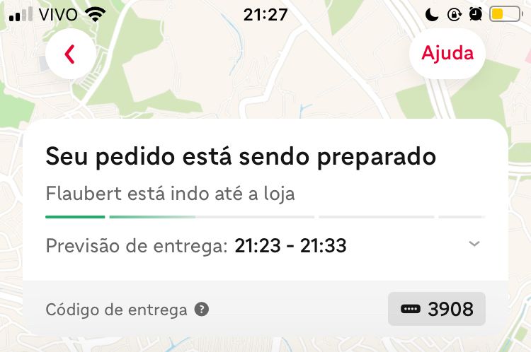 Print do ifood com “Flaubert está indo até a loja”