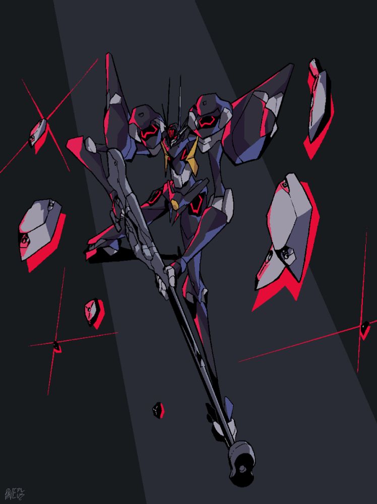 drawing of Gundam Pharact mecha with corax system deployed