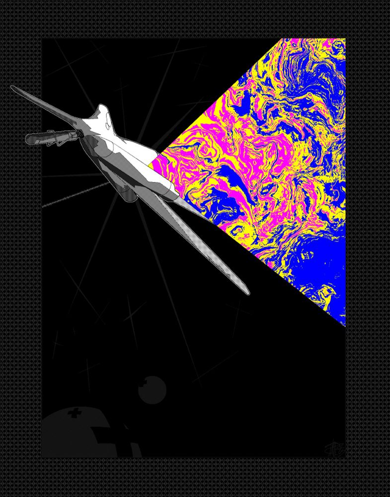 large spacecraft is impacted by a single beam, barely visible in the darkness, amidships. a cone of highly saturated colour erupts from the exit wound